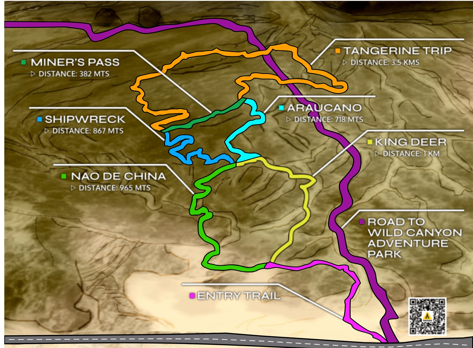 Mapa de senderos Signature: Miner's Pass, Shipwreck, Nao de China, Tangerine Trip, Araucano y King Deer