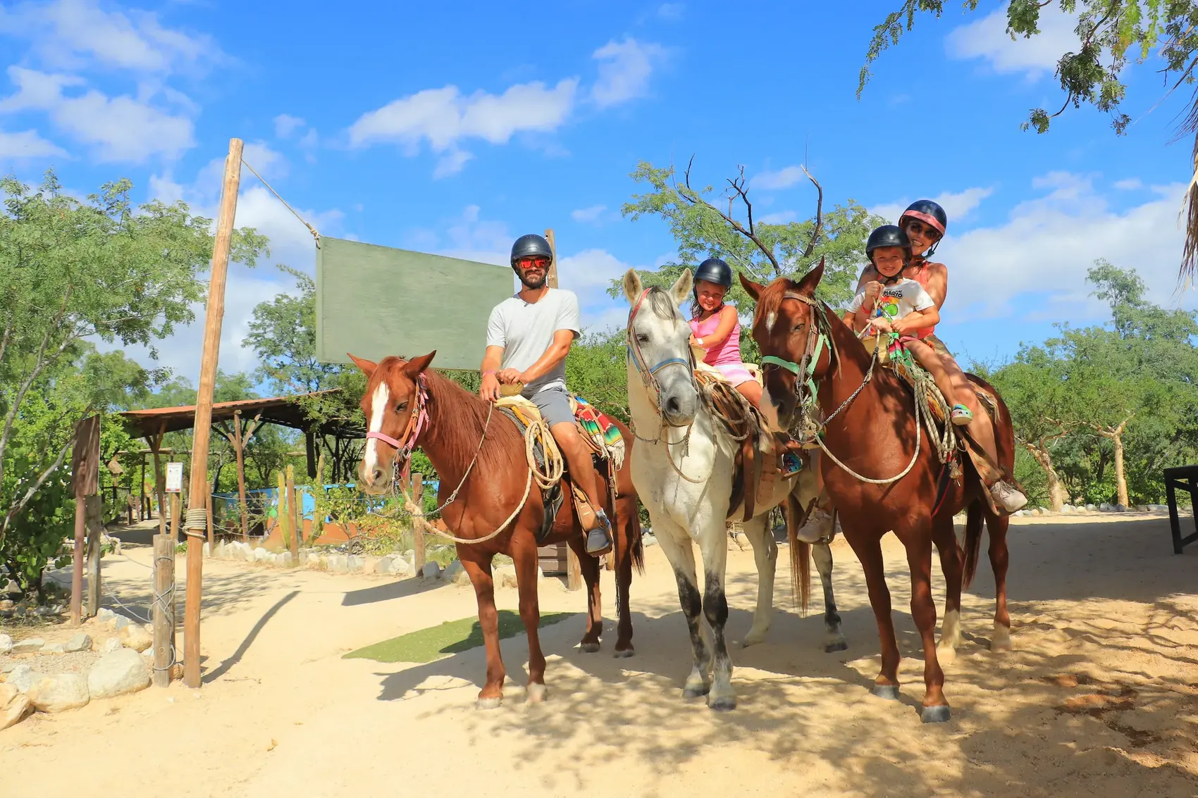 Familia de cuatro en tres caballos posando juntos