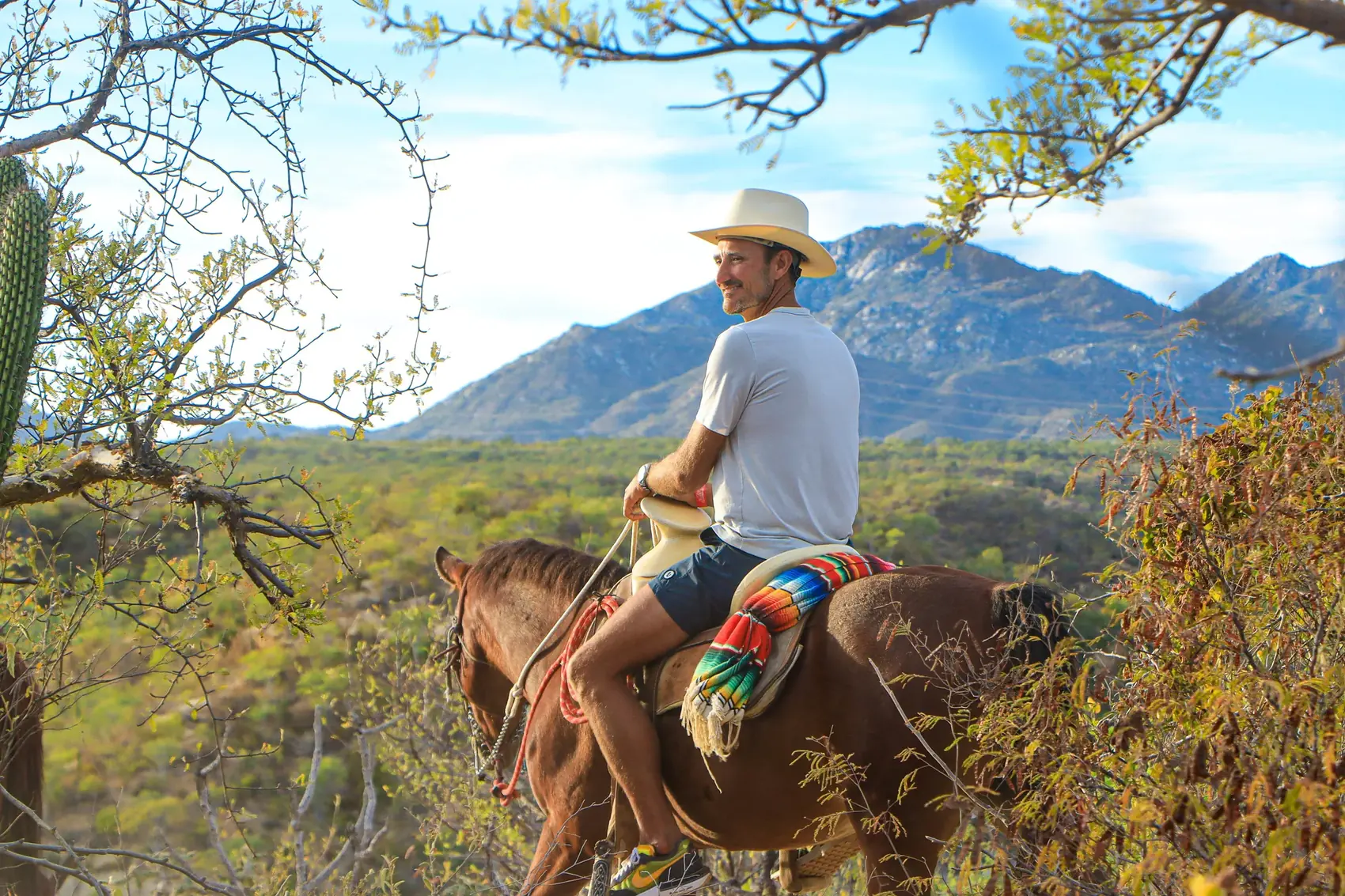 Jinete con sombrero contemplando la vista de la montana