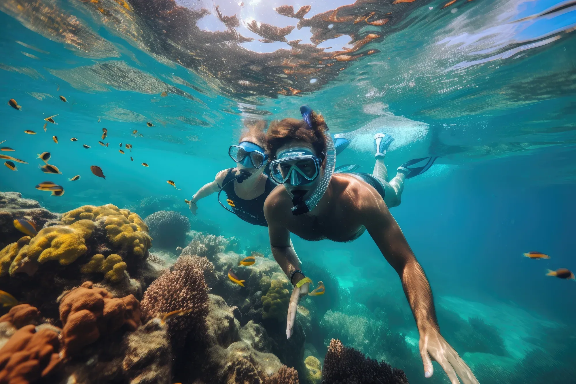 Pareja haciendo snorkel sobre el arrecife